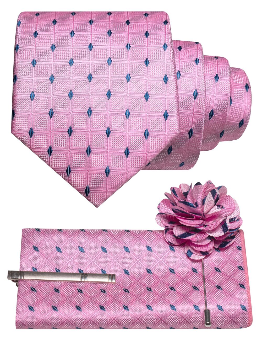8617 Plaid Checkered Pink Ties Necktie and Pocket Square with Tie Clip